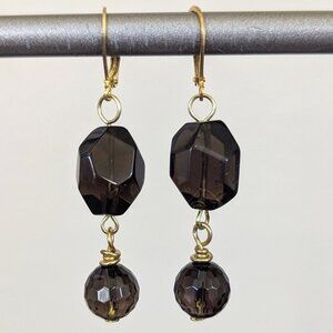 Elegant 24k Gold Filled Brown Smokey Quartz Organic Faceted Dangle Earrings